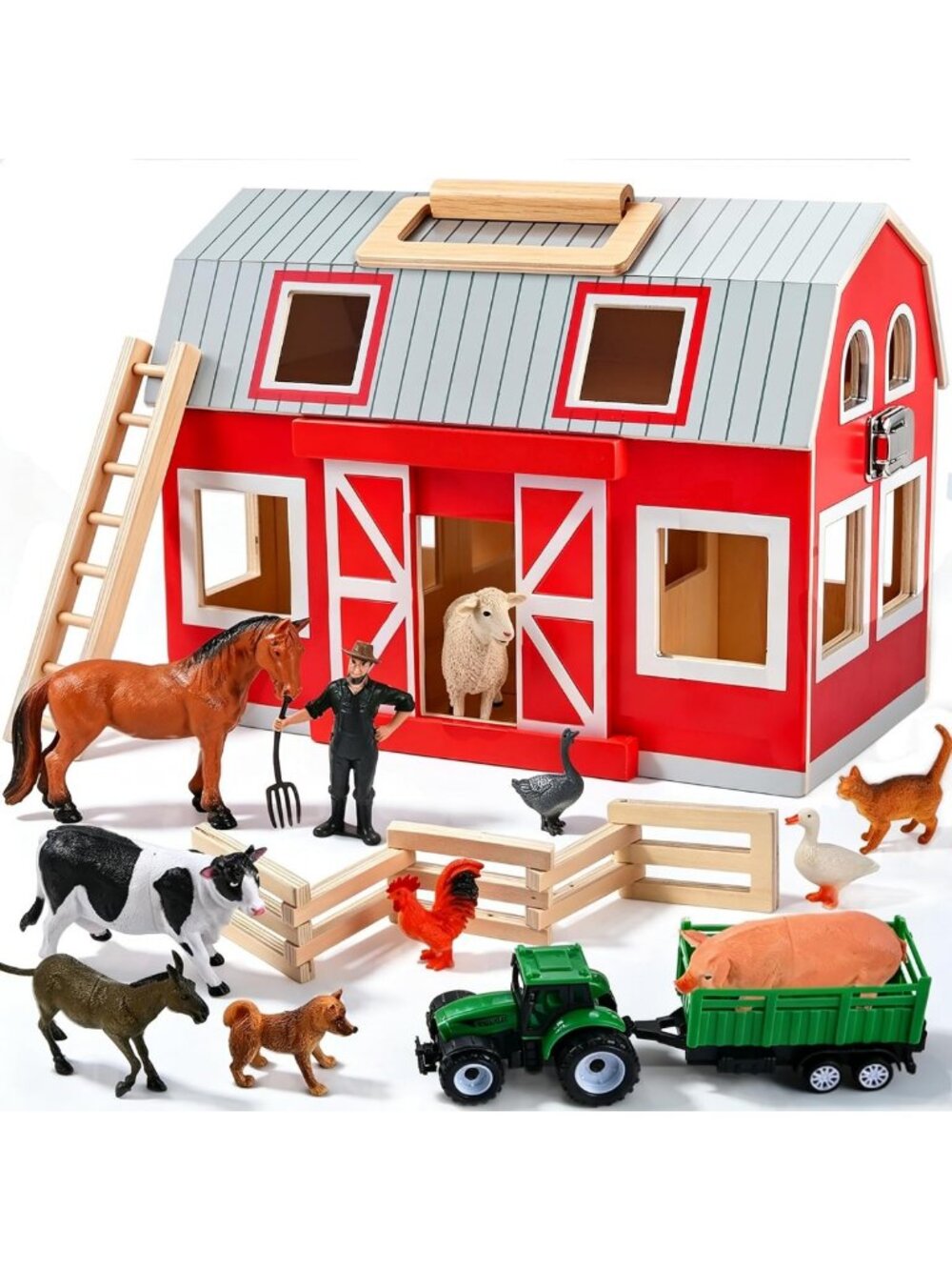 Wooden Play Barn Set with 12 Animal Figures - Perfect Gift for Kids 3+ Years